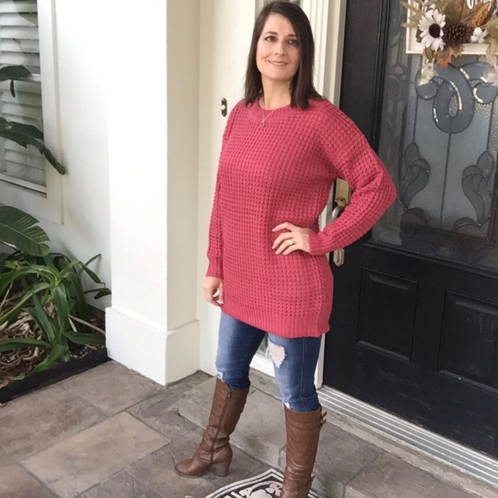 ❤️‍🔥Oversized Waffle Round Neck Sweater Pink Rose 2919